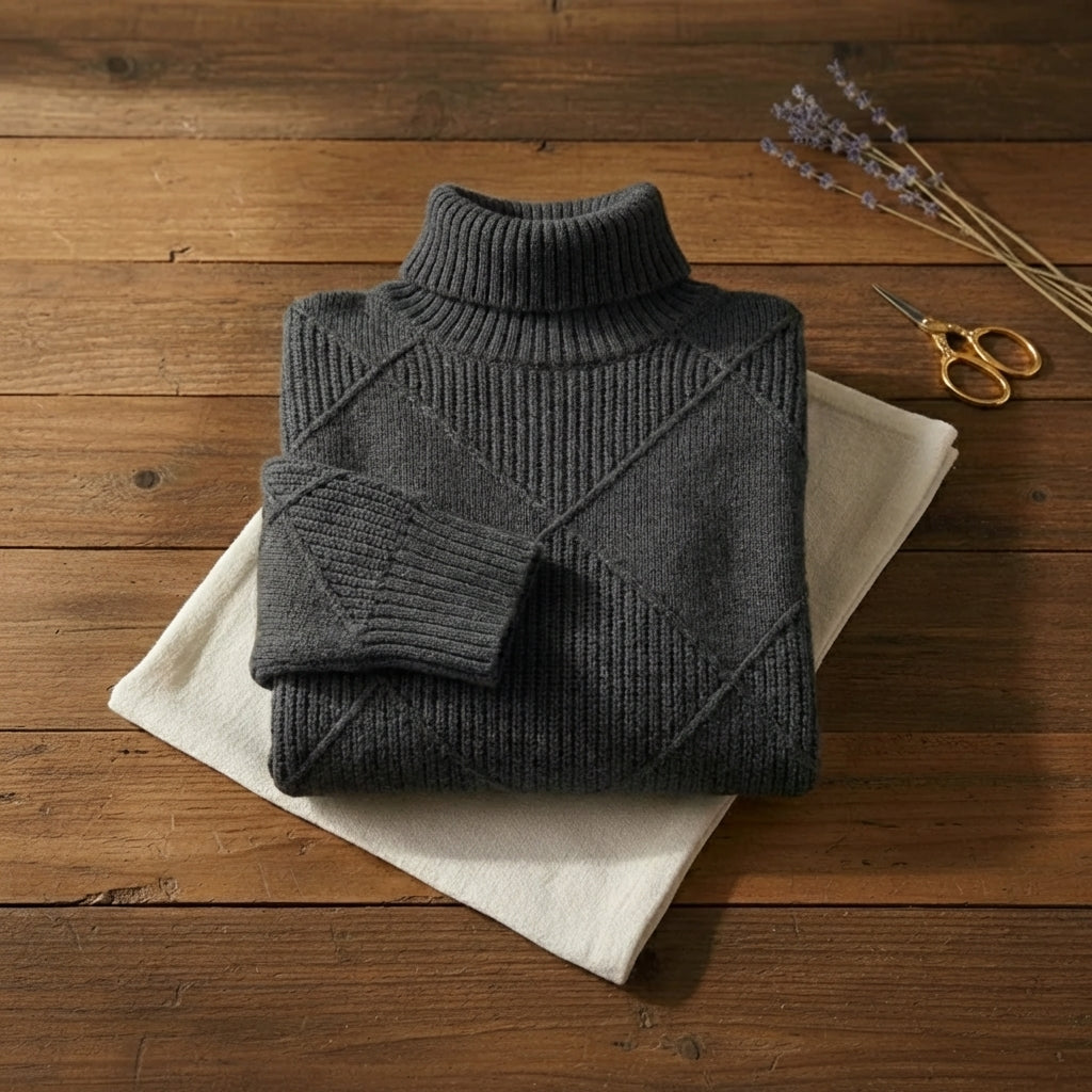 Charcoal Diamond Texture Ribbed Turtleneck Knit Sweater