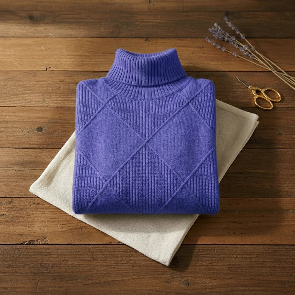 Royal Blue Diamond Texture Ribbed Turtleneck Pullover