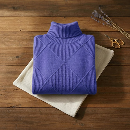 Royal Blue Diamond Texture Ribbed Turtleneck Pullover