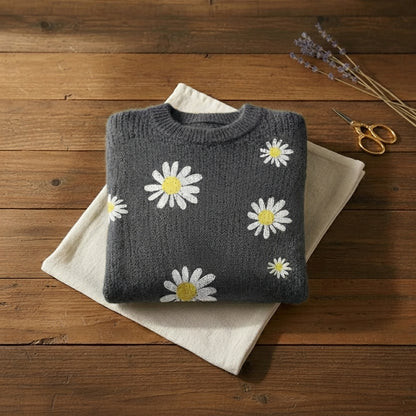 Charcoal Daisy All Over Intarsia Fluffy Crew Neck Sweater