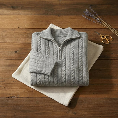 Heather Grey Cable Knit Quarter Zip Collar Pullover Sweater