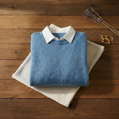 Cornflower Blue Brushed Ribbed Layered Crew Neck Pullover