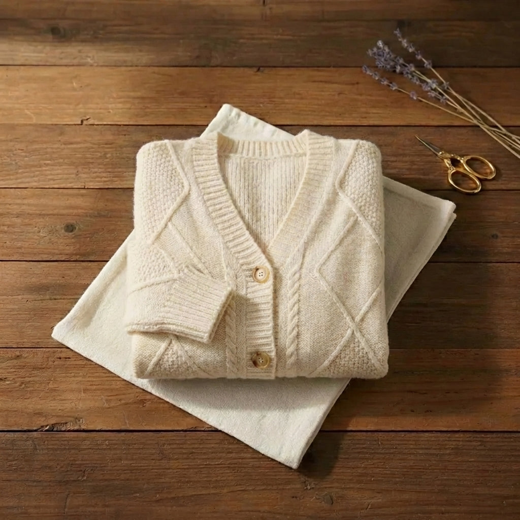 Cream Diamond Cable Knit V Neck Button Cardigan