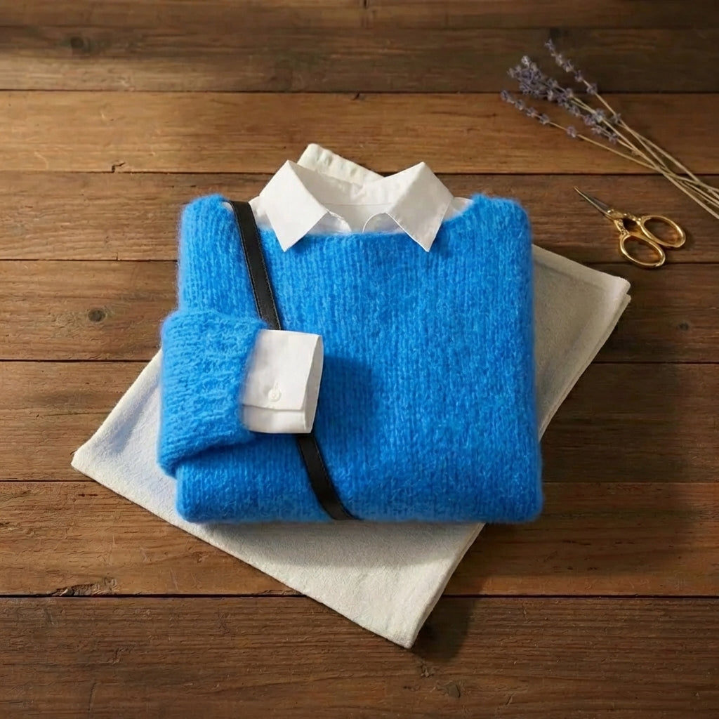 Electric Blue Brushed Mohair Layered Crew Neck Pullover