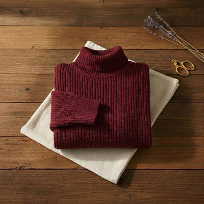 Deep Burgundy Ribbed Turtleneck Knit Sweater