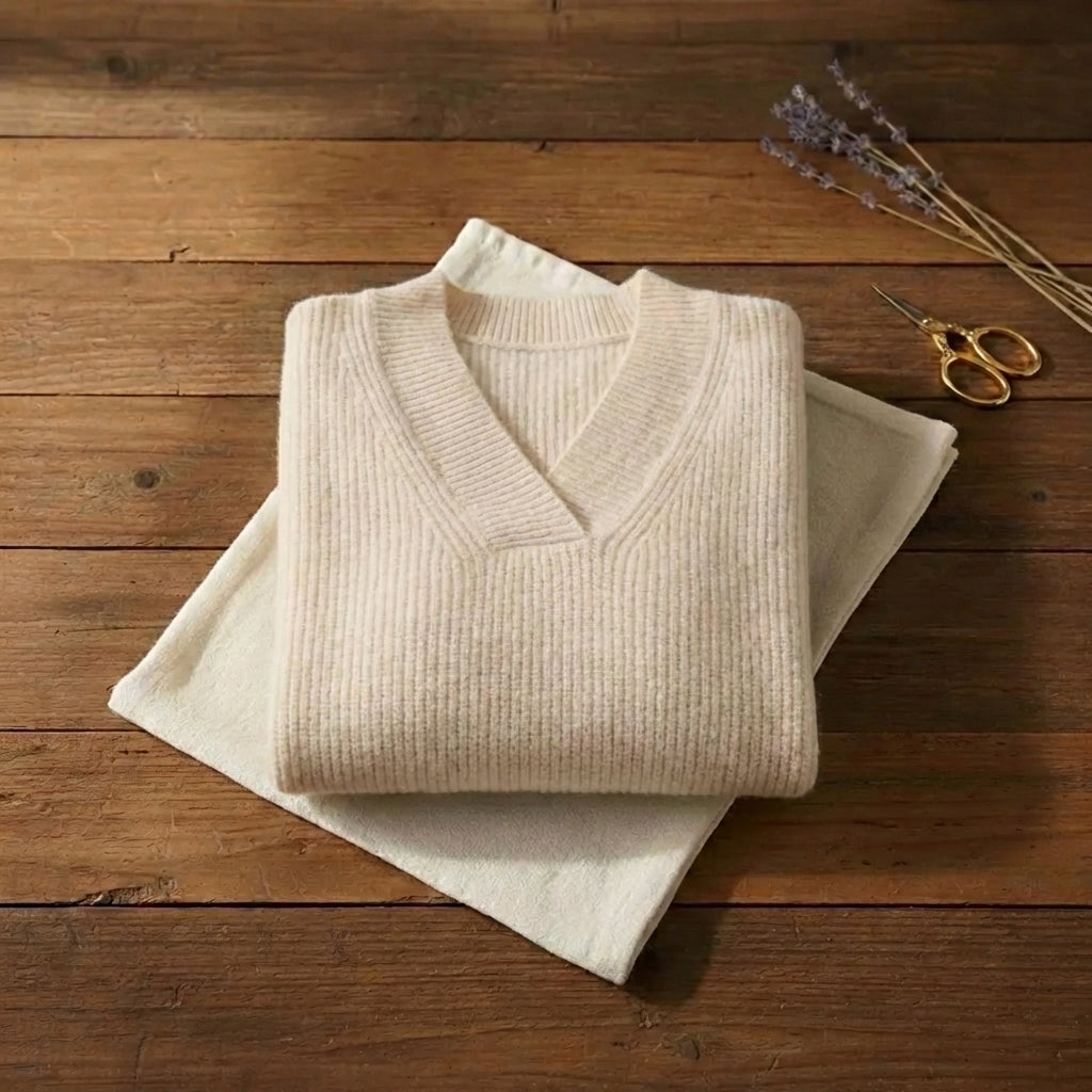 Ivory Cashmere Soft V Neck Ribbed Pullover