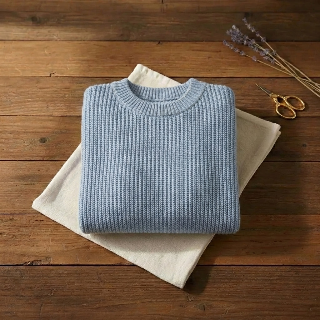 Coastal Mist Ribbed Crew Neck Knit Sweater