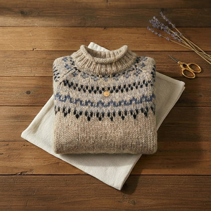 Oatmeal Denim Nordic Fair Isle Yoke Crew Neck Sweater