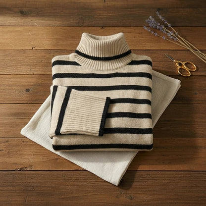 Cream & Black Pinstripe Side Slit Turtleneck Pullover