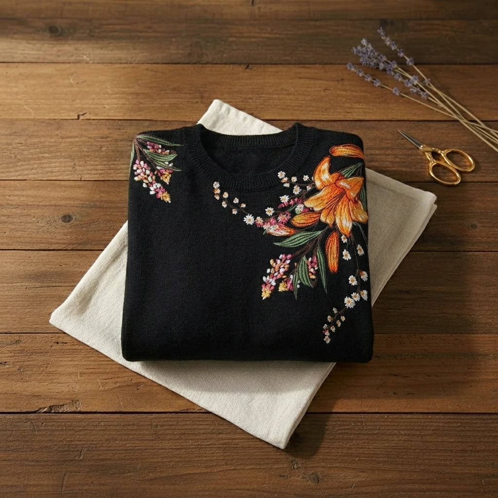 Midnight Navy Wildflower Embroidered Shoulder Knit Sweater