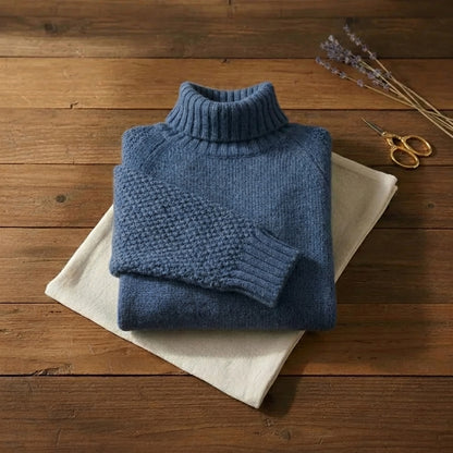 Steel Blue Ribbed Turtleneck Classic Fitted Knit Pullover