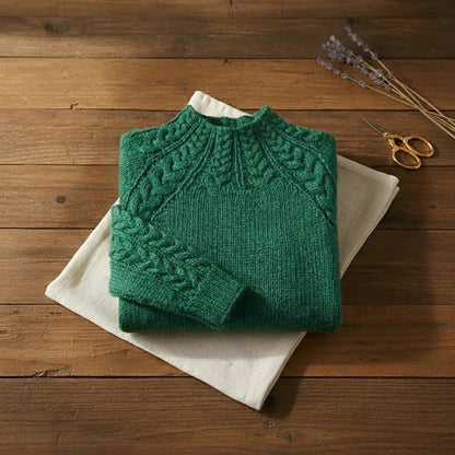 Emerald Isle Cable Knit Forest Green Mock Neck Sweater