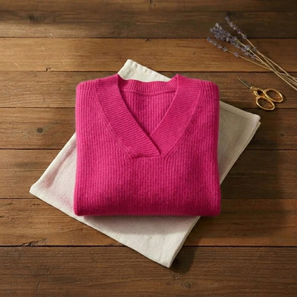 Hot Flash V-Neck Pullover Bold Fuchsia Ribbed Knit Sweater