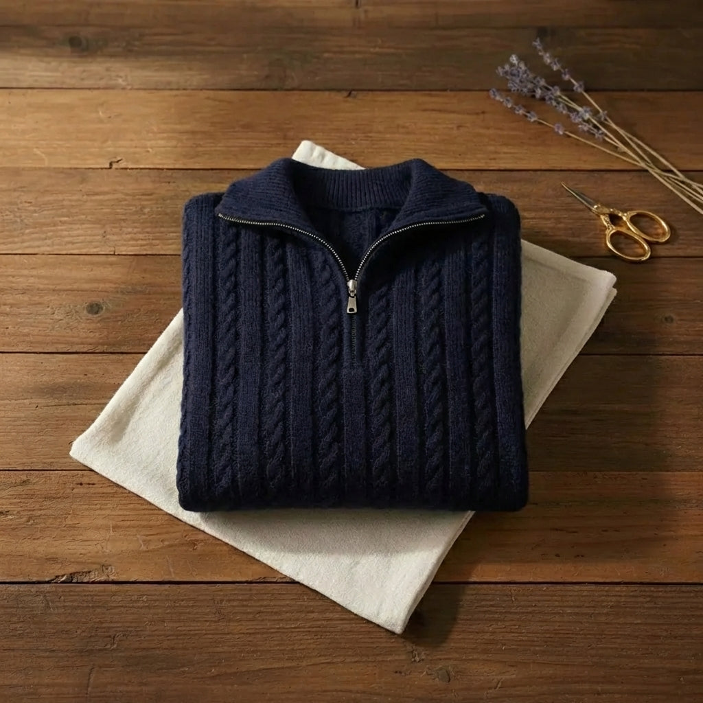 Coastal Cable Half-Zip Navy Knit Quarter-Zip Pullover