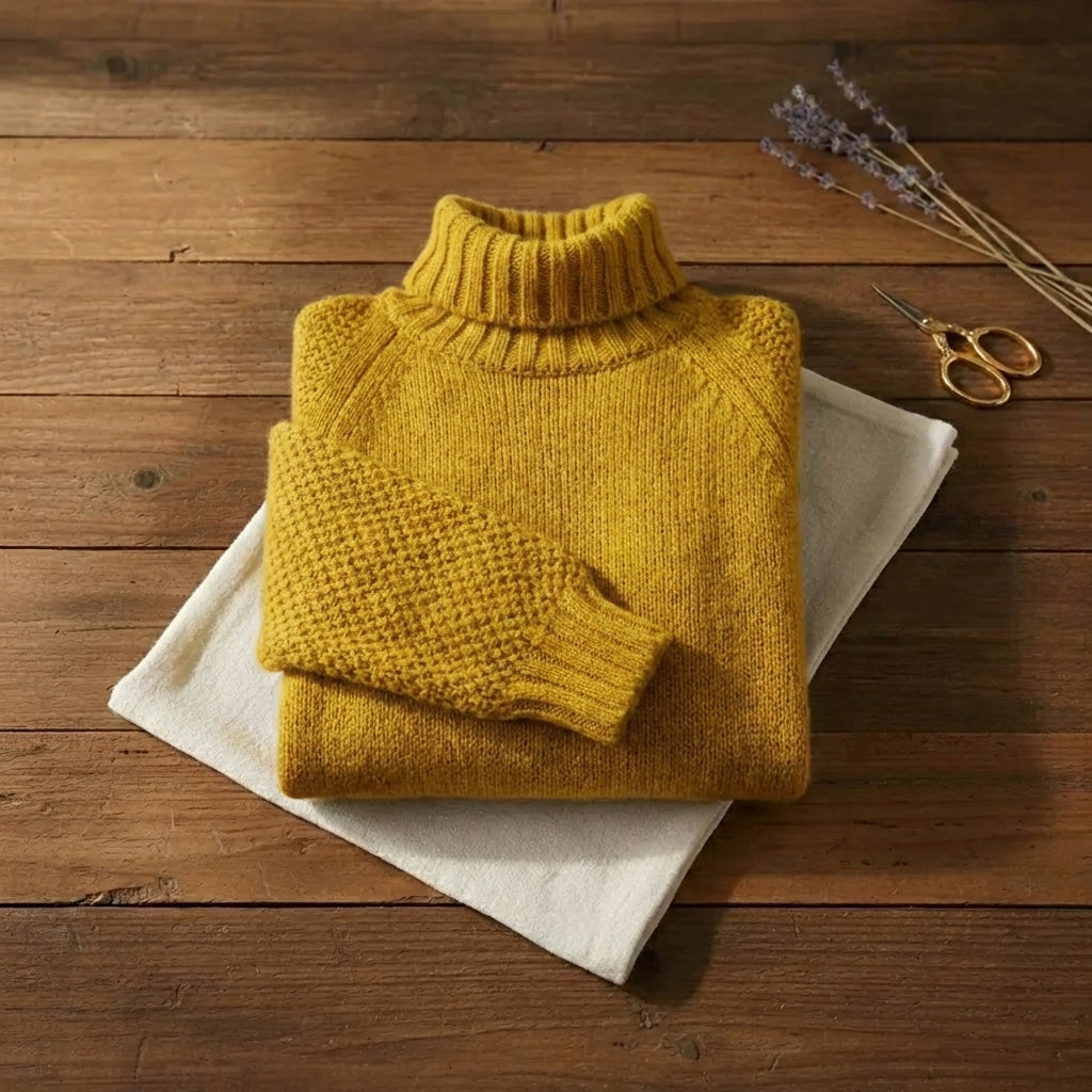 Amber Chunky Turtleneck Mustard Yellow Ribbed Knit Pullover