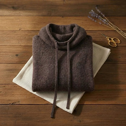 Espresso Drawstring Cowl Mocha Brown Hooded Knit Sweater