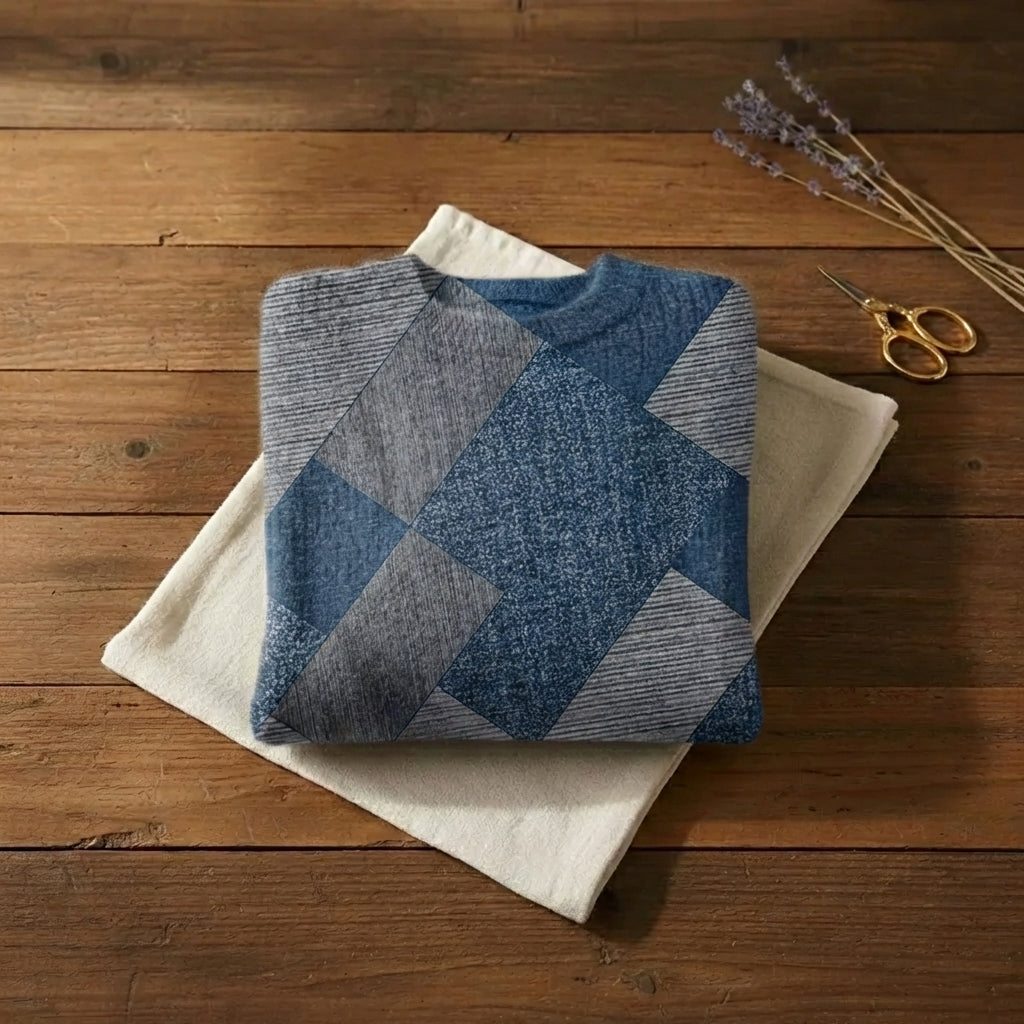 Denim Blue & Grey Geometric Diamond Print Crew Neck Sweater