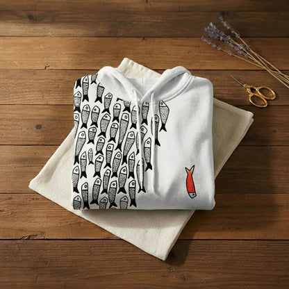 School Of Fish Graphic Print Drawstring Hoodie – White