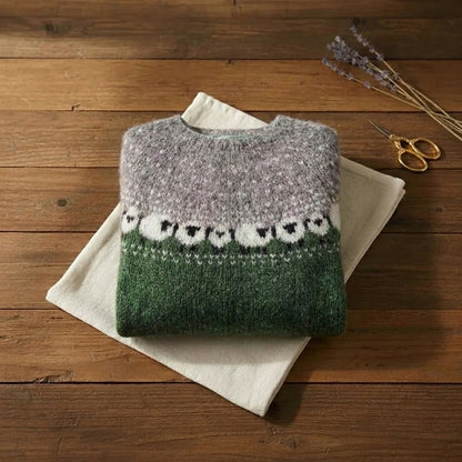 Meadow Green Sheep Intarsia Colorblock Knit Sweater