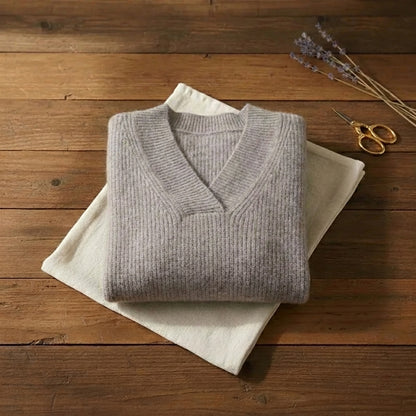 Heather Grey V Neck Ribbed Cashmere Blend Sweater