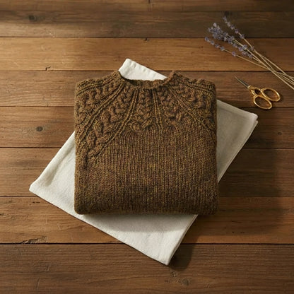 Dark Olive Cable Yoke Mock Neck Chunky Knit Sweater