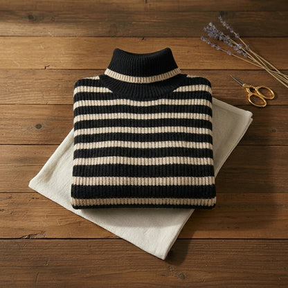 Parisian Stripe Oversized Turtleneck Knit Sweater
