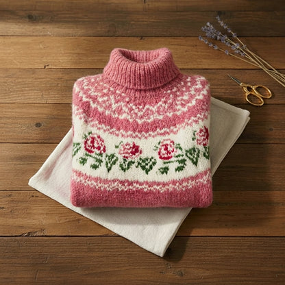 Rose Garden Floral Turtleneck Fair Isle Knit Sweater