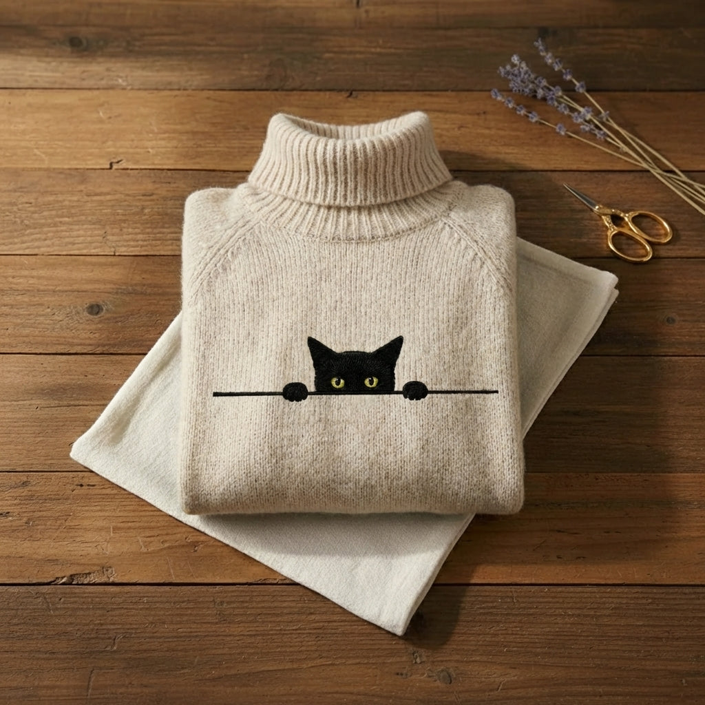 Peek A Boo Black Cat Embroidered Turtleneck Knit Sweater
