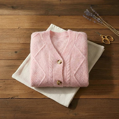 Blush Pink Diamond Cable Knit V Neck Button Cardigan