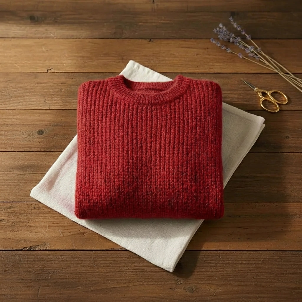 Cherry Red Brushed Mohair Oversized Crew Neck Pullover