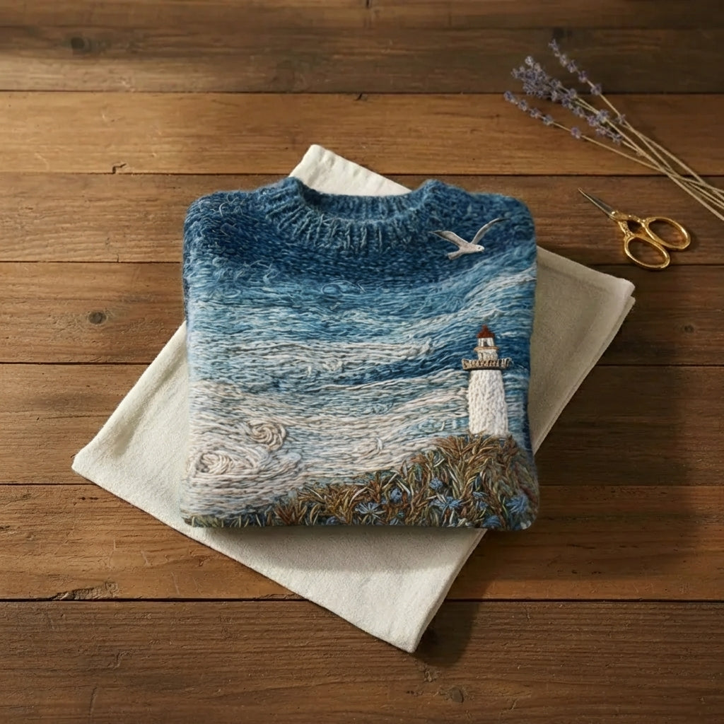 Coastal Lighthouse Scene Intarsia Mohair Crew Neck Sweater