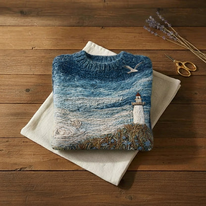 Coastal Lighthouse Scene Intarsia Mohair Crew Neck Sweater