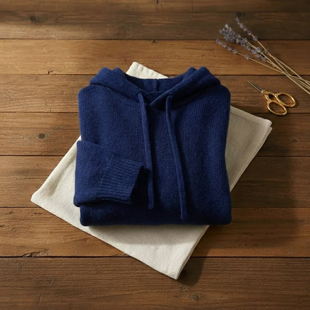 Navy Blue Ribbed Drawstring Cowl Neck Knit Pullover