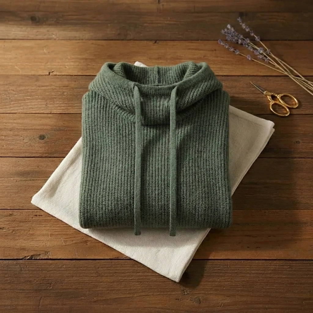 Pine Drawstring Hoodie Forest Green Knit Hooded Sweater