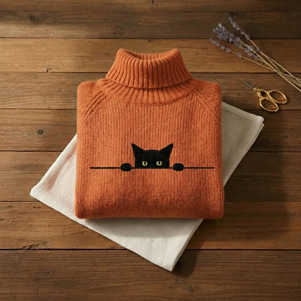 Peek-a-Boo Cat Turtleneck Burnt Orange Embroidered Knit Sweater