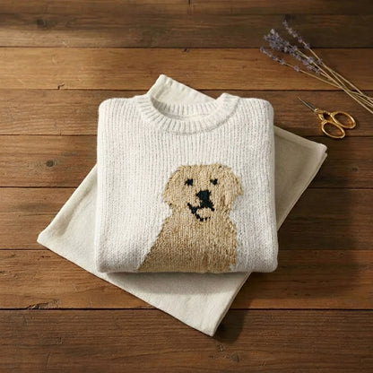 Golden Retriever Intarsia Crew Neck Sweater – White