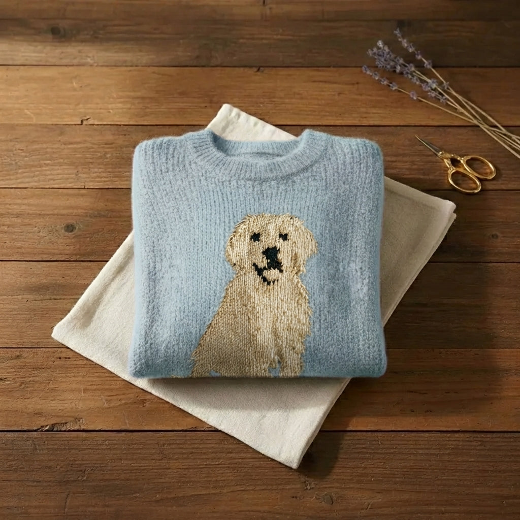 Golden Retriever Intarsia Crew Neck Sweater – Sky Blue