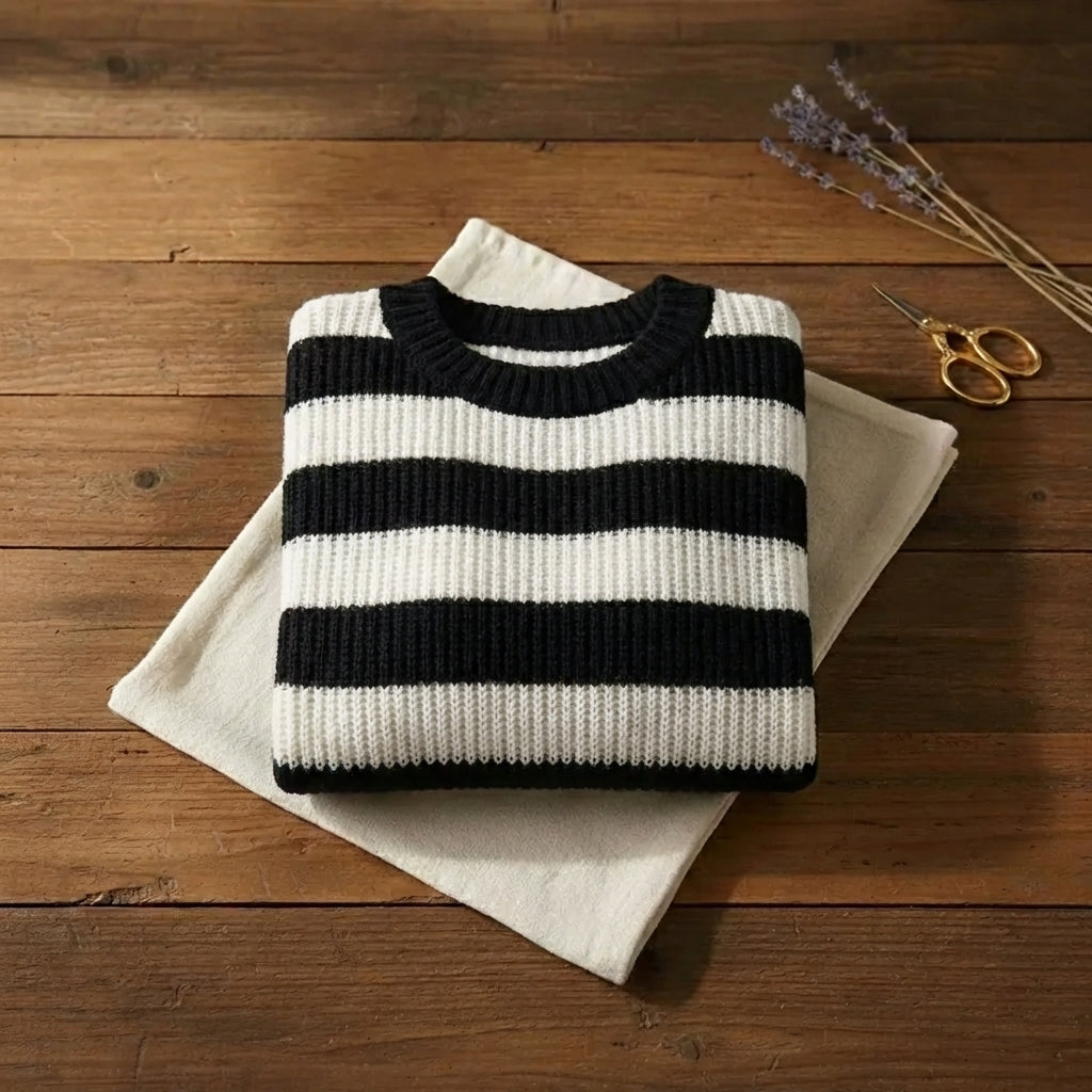 Classic Bold Stripe Chunky Crew Neck Sweater – Black & White