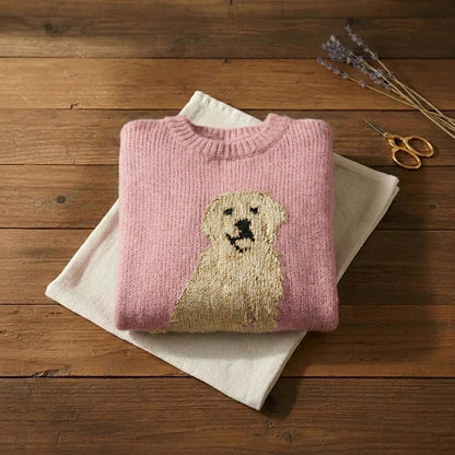 Golden Retriever Intarsia Crew Neck Sweater – Blush Pink
