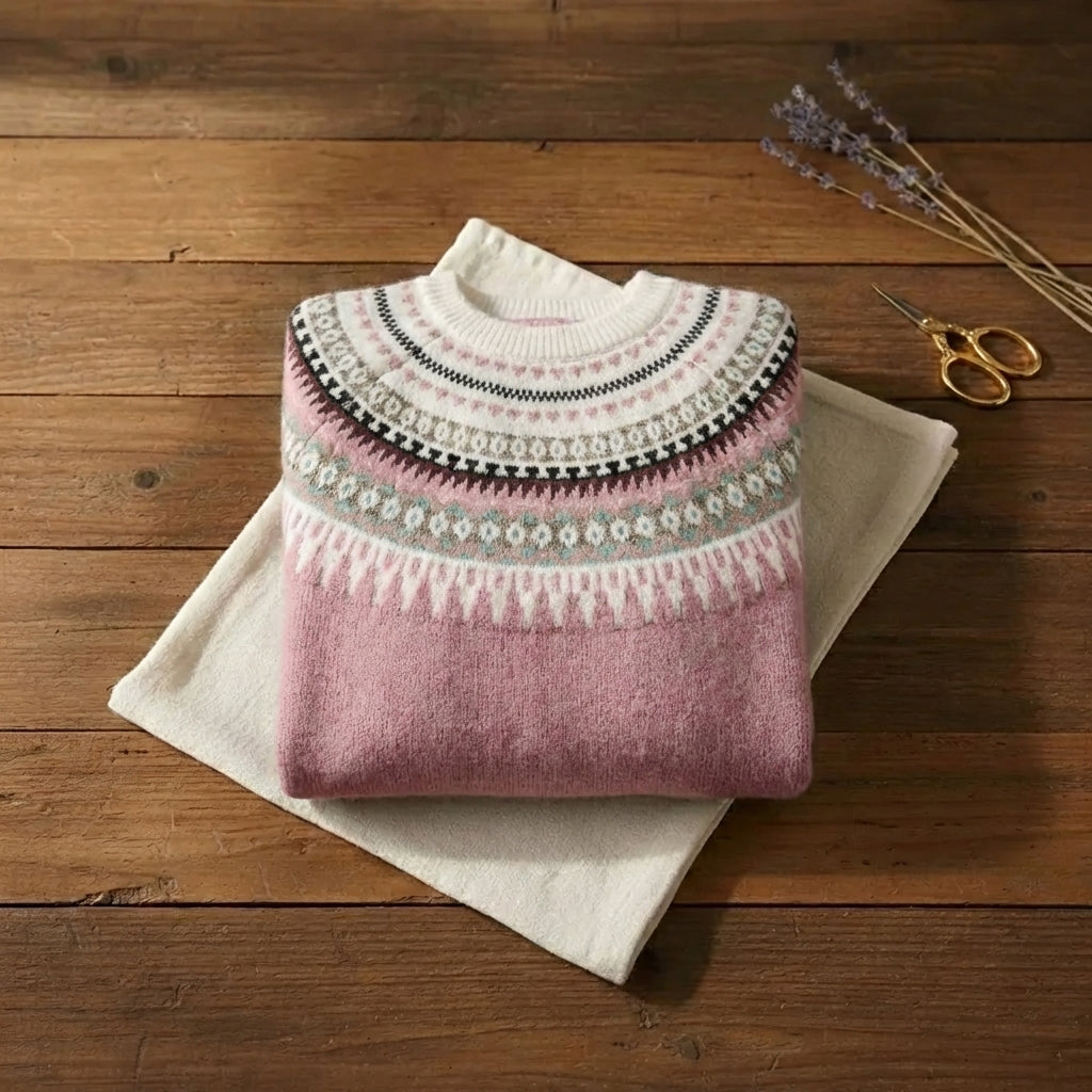Blush Nordic Fair Isle Yoke Crew Neck Pullover