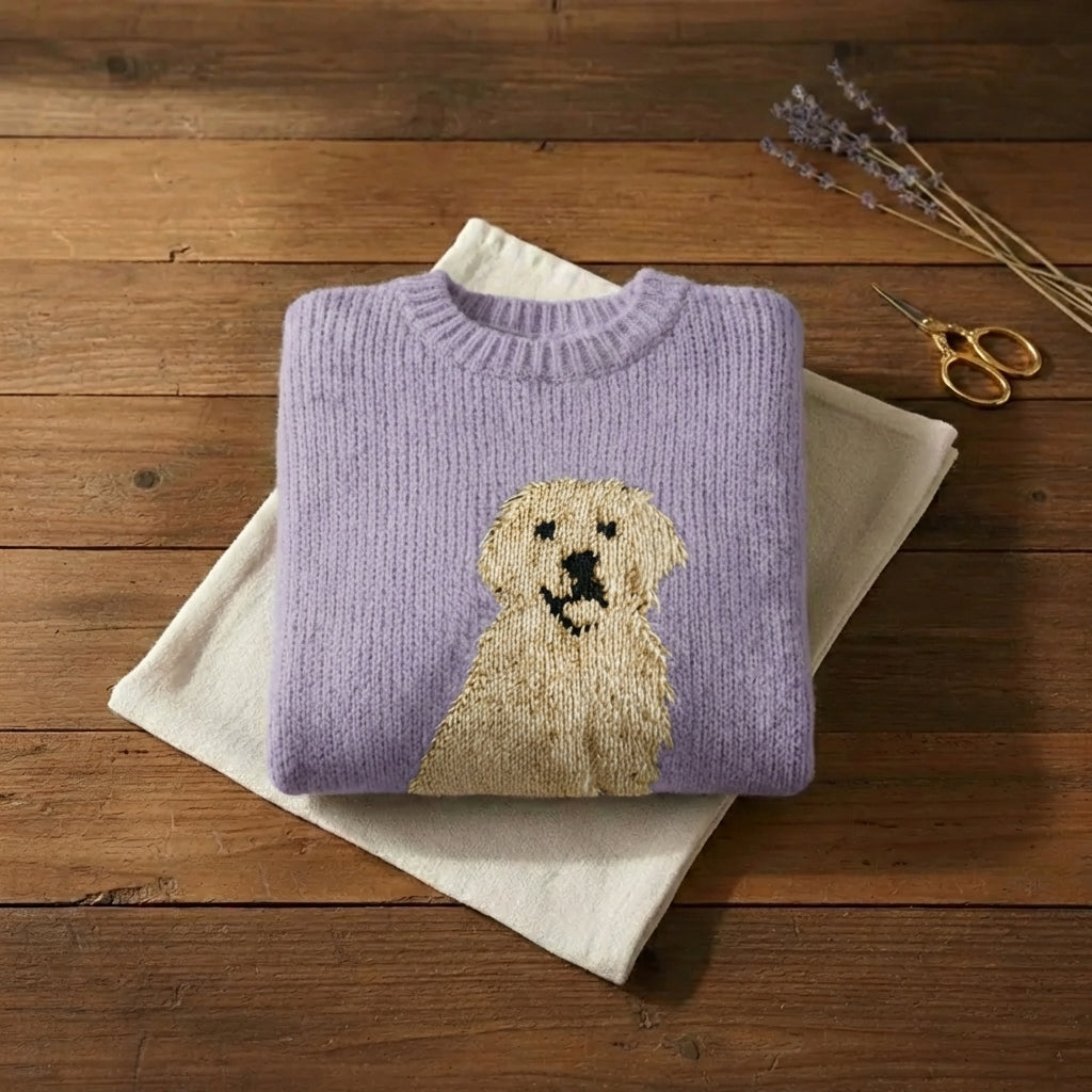 Golden Retriever Intarsia Crew Neck Sweater – Soft Lilac