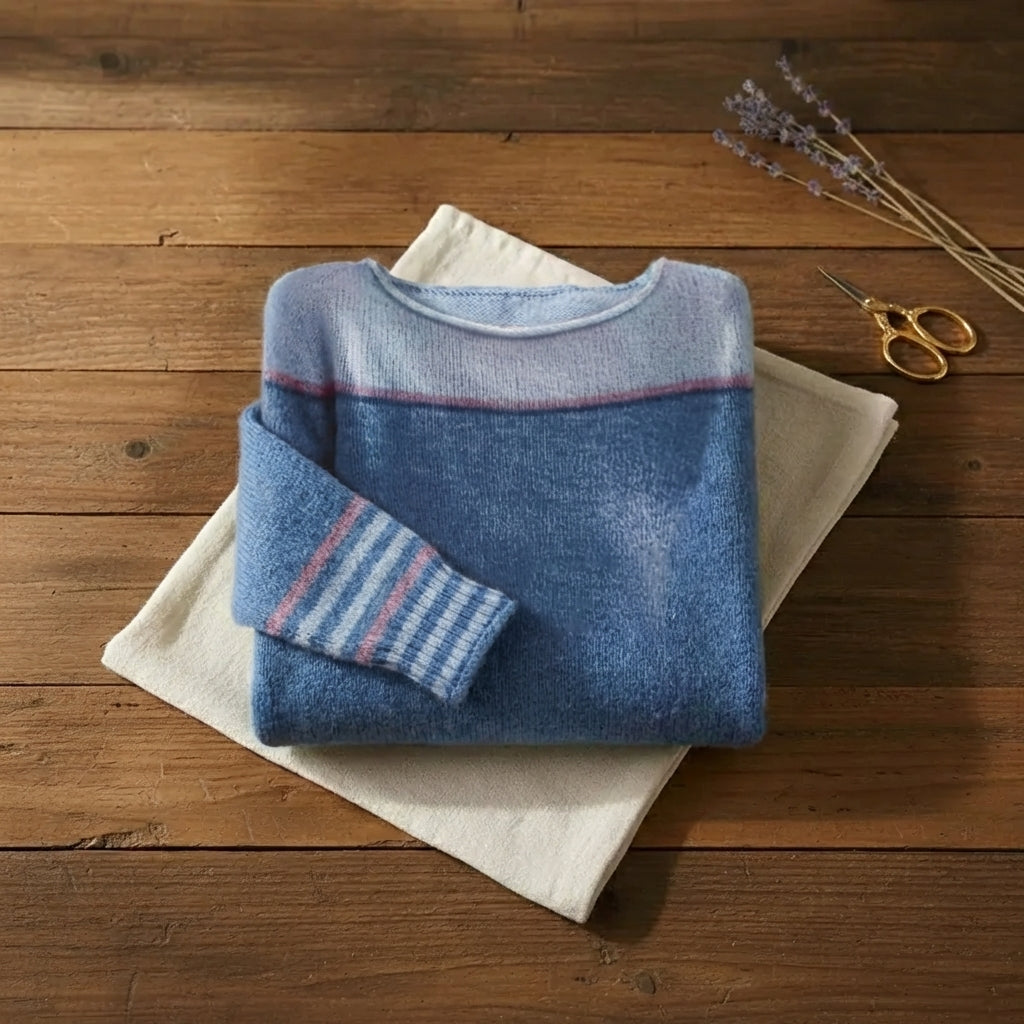 Bluebell Stripe Boatneck Blue & Pink Accent Sleeve Sweater