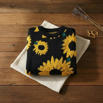 Sunflower Dream Knit Sweater Black Floral Jacquard Crewneck