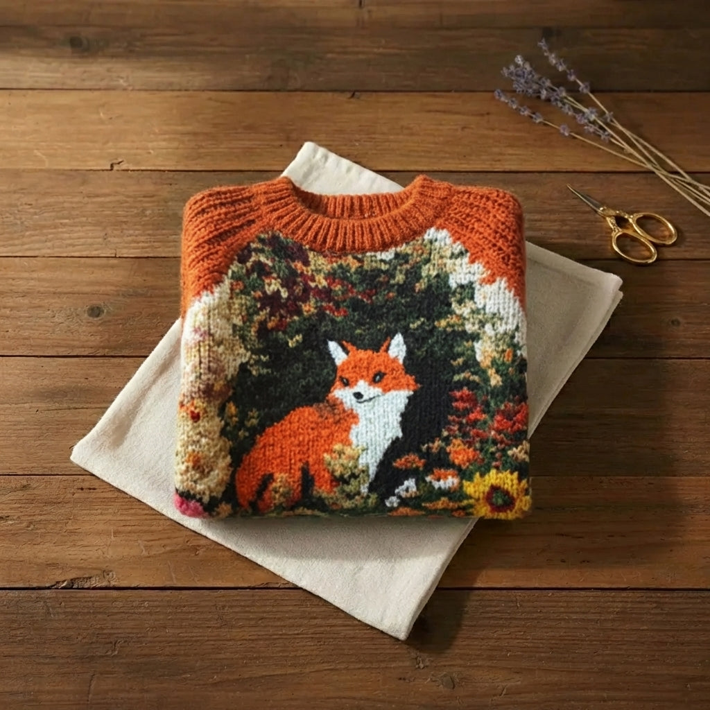 Burnt Orange Woodland Fox Intarsia Floral Crew Neck Sweater
