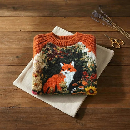 Burnt Orange Woodland Fox Intarsia Floral Crew Neck Sweater