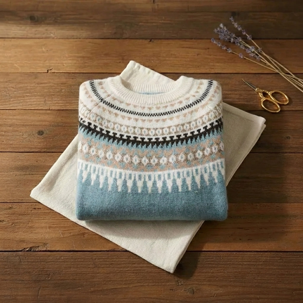 Alpine Meadow Fair Isle Sky Blue Nordic Yoke Crewneck