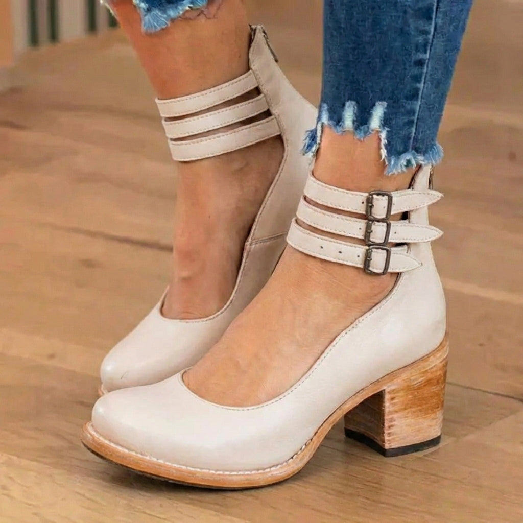 Orthopedic Leather Ankle Boots - Block Heel Double Buckle Strap