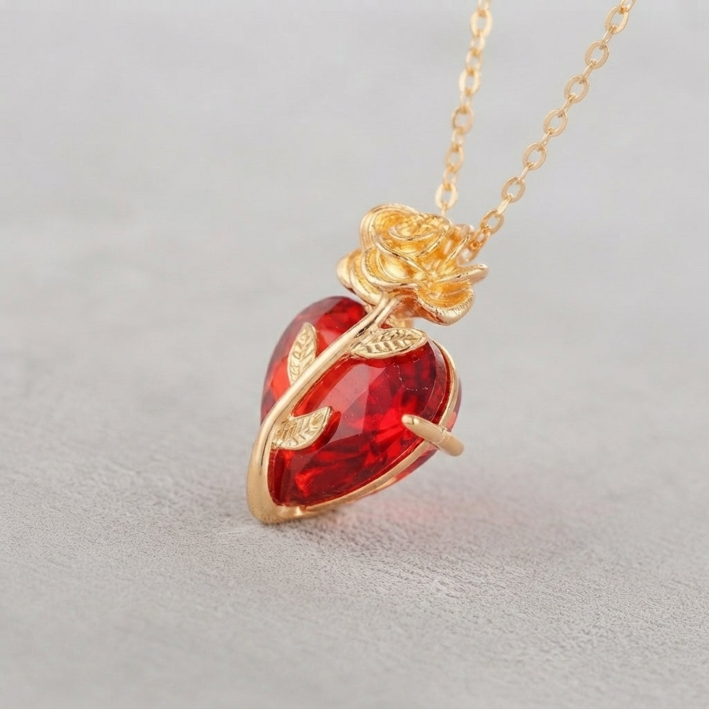 Gold Rose Red Heart Necklace