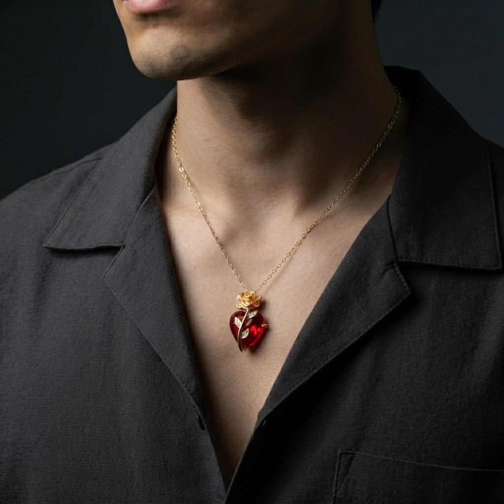 Gold Rose Red Heart Necklace