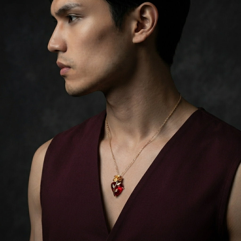 Gold Rose Red Heart Necklace